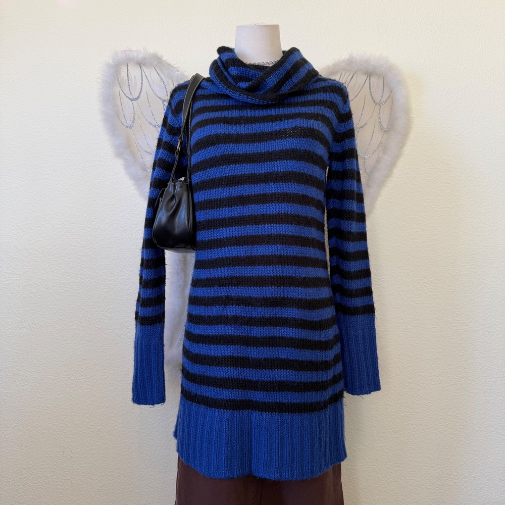 Corraline Emo Grunge Y2K Striped Long Sleeve Sweater‎ Blue Black Chunky Knit